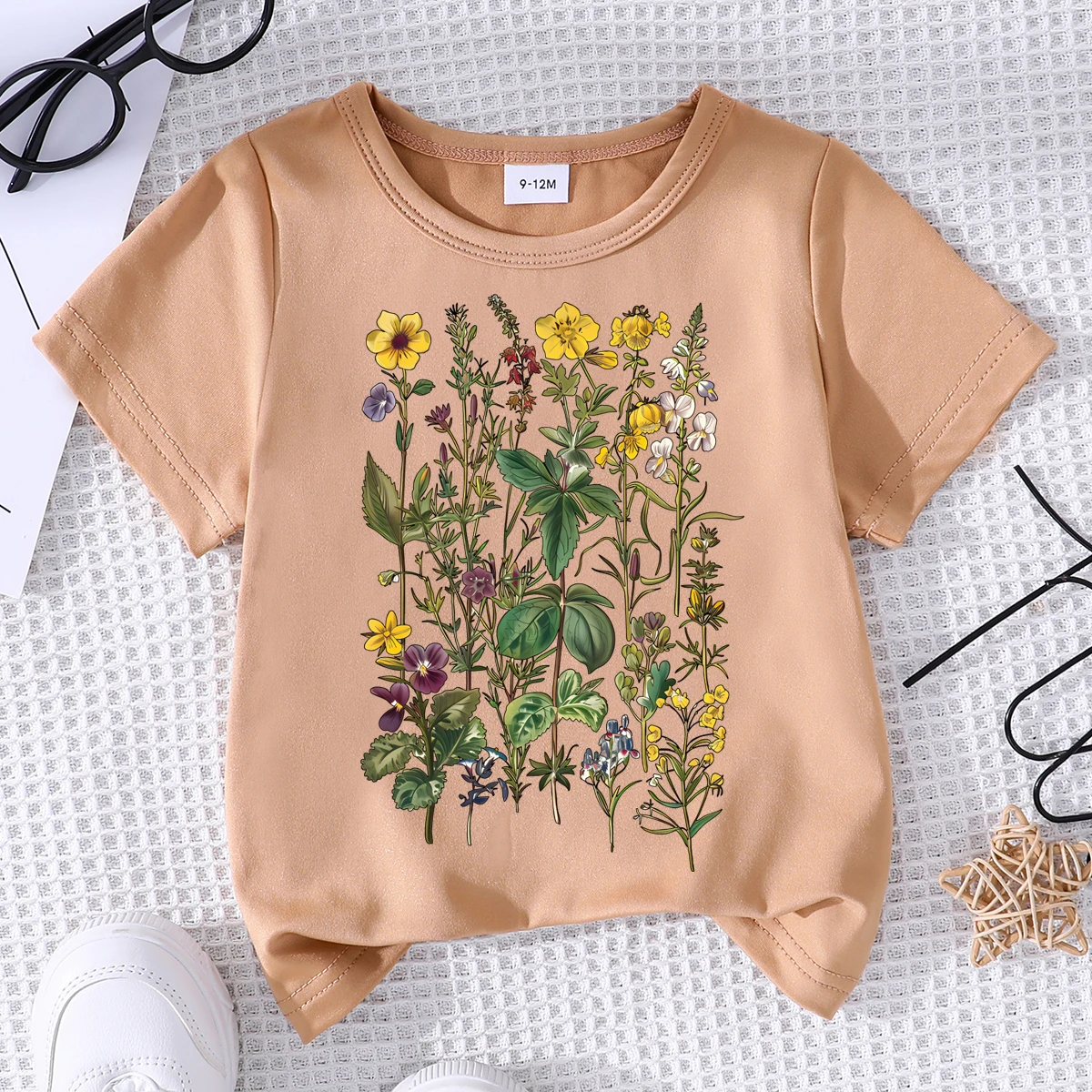 

Summer T-shirt Baby Cute Flower Plant Top Short sleeved Round Neck Full Moon Festival Baby Child