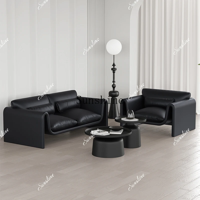 Small apartment living room simple double light luxury three-person black leather Italian sofa combination  FT