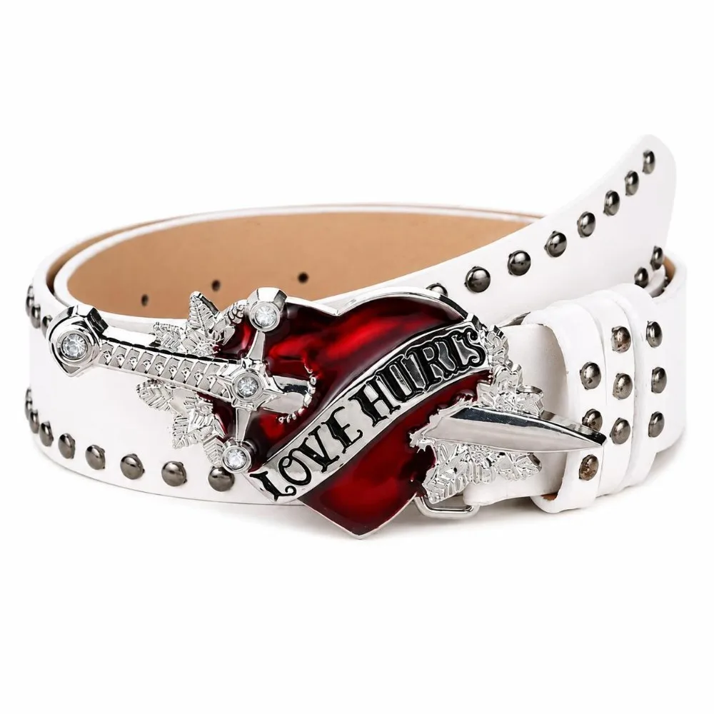 1Pcs Leather Sword Belt Red Heart Adjustable Buckle Rivet Belt Sword Design Fashion Waistband