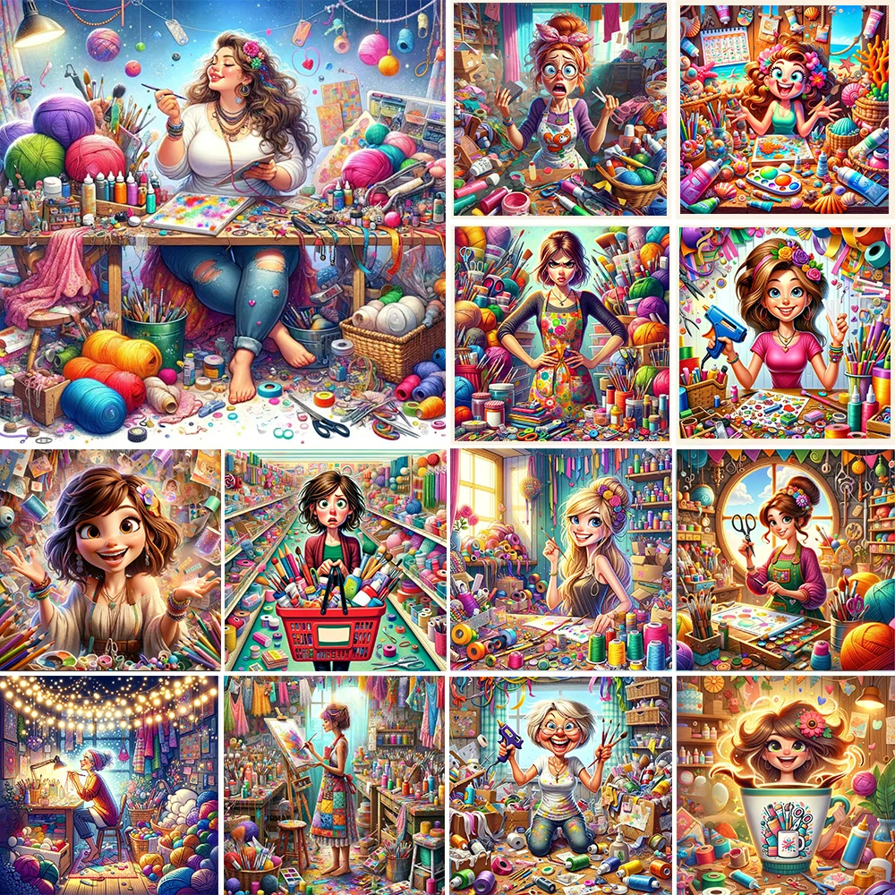 Diamond Painting A Woman Working In A Chaotic Room Cartoon Girls DIY Full Drills 5D Mosaic Kits Embroidery Cross Stitch Decor