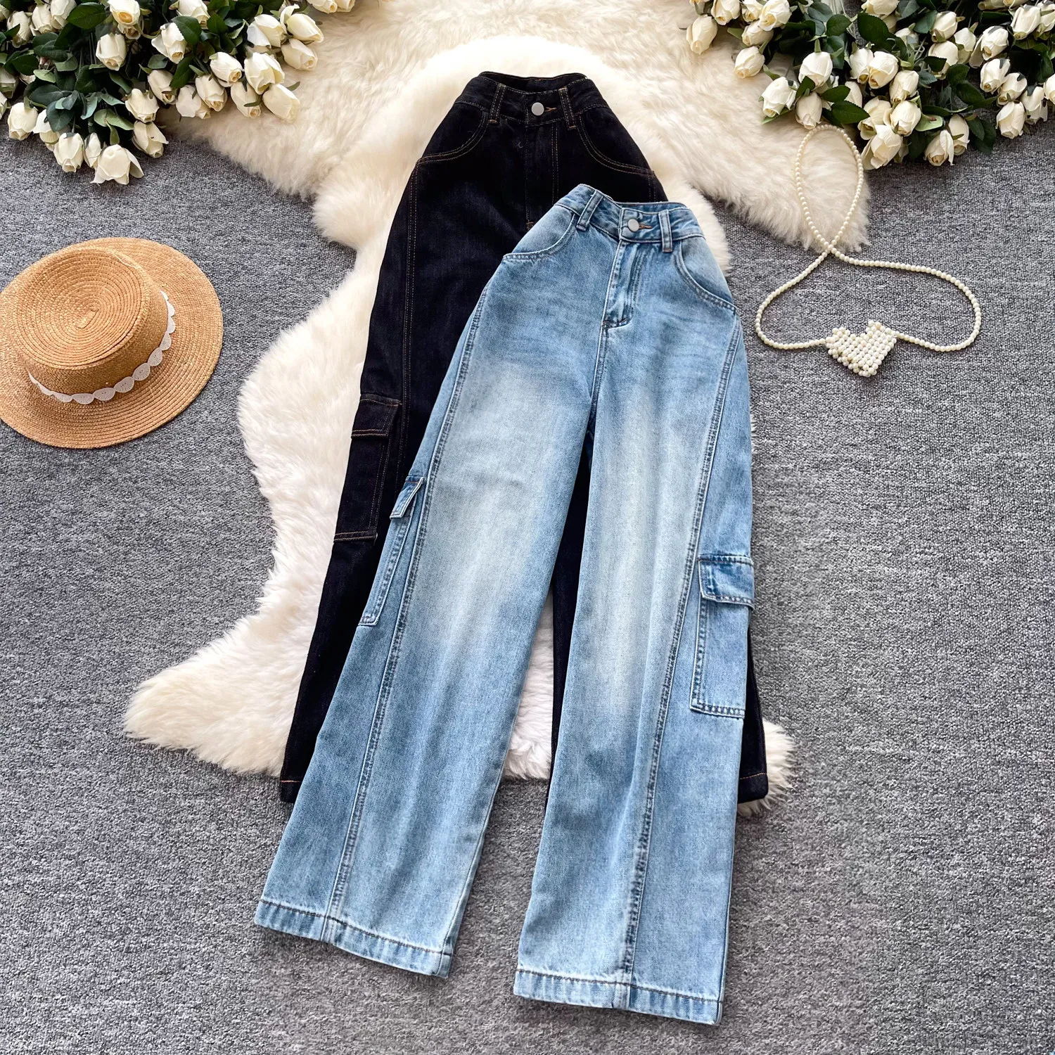 Cargo Pants Denim Pant Women Jeans Traight Trousers Y2k Streetwear Work Casual Vintage Washed High Waist Pockets 2026 summer