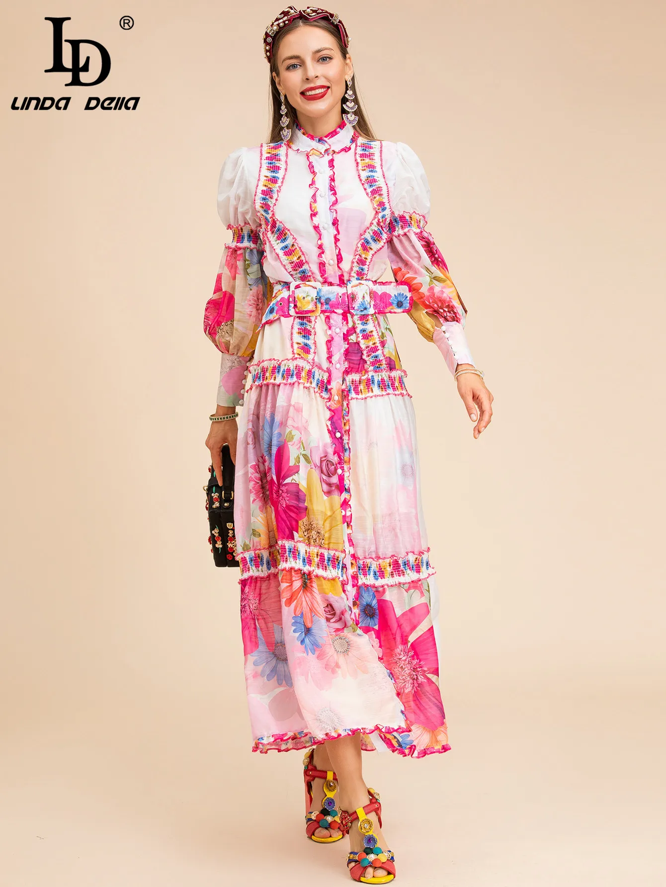 LD LINDA DELLA Fashion Designer Autumn Dress Women's Lantern sleeve Single-breasted Sashes Loose Printed Vacation Long Dress