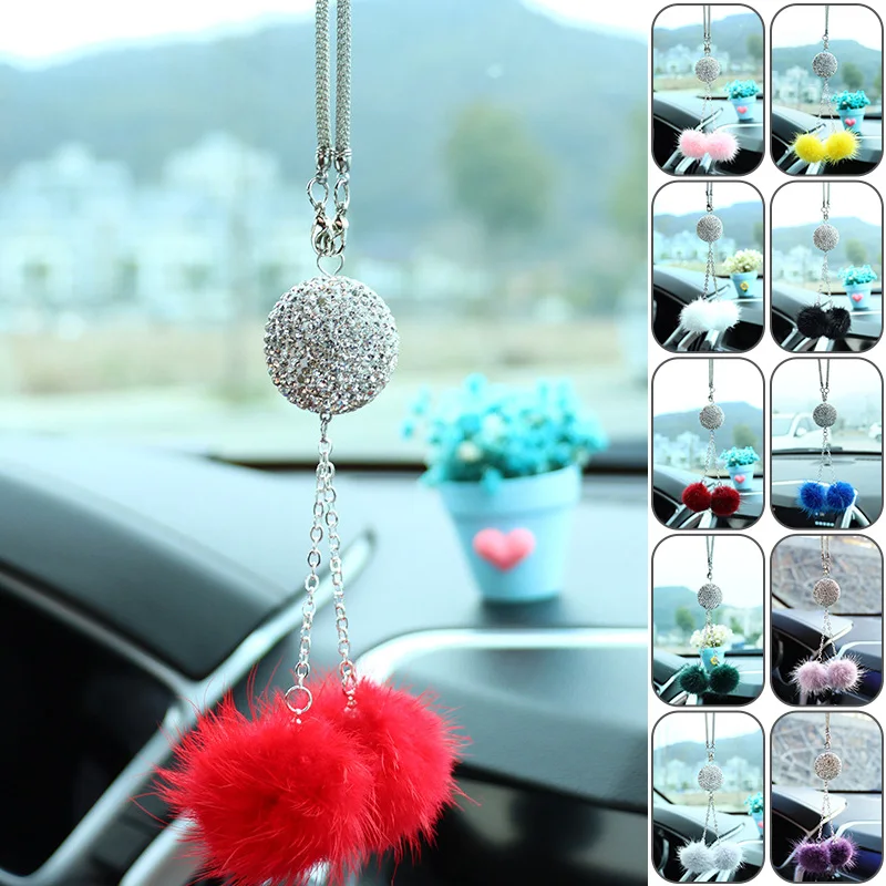 

Fashion Diamond Crystal Car Decoration Bling Hair Ball Round Tassel Pendant Car Rearview Mirror Pendant Ladies Car Interior