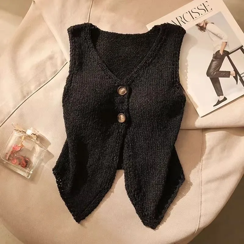 Knitted Vests for Women Button V-neck Simple Ins Korean Style Spring Summer Clothing Elegant Female Chic Soft Casual Streetwear