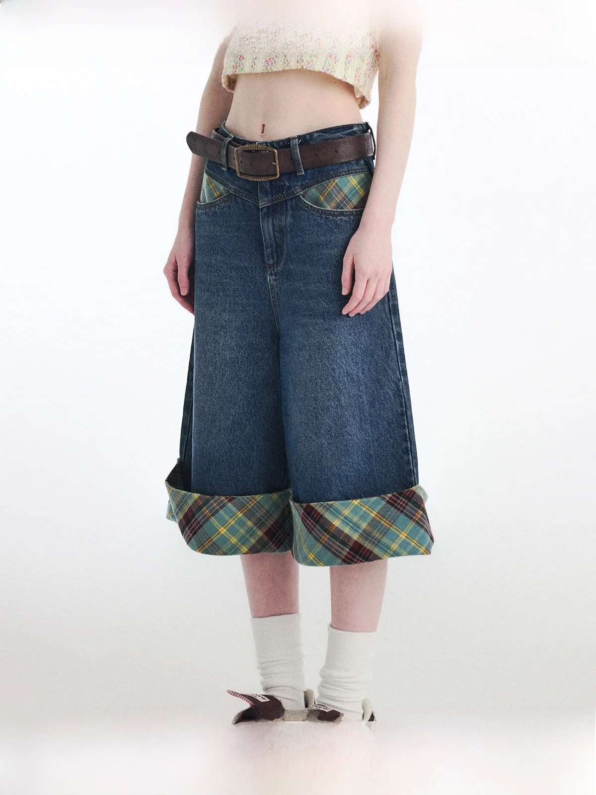 

Повседневные джинсовые шорты WhyBerry с высокой талией, синие, в клетку, свободного кроя, летние, модные, оригинальные, для женщин