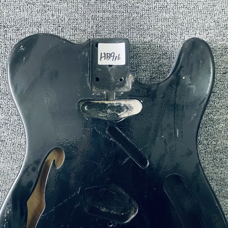 HB916 Semi Hollowbody TL Guitar Unfinished Tele Electric Guitar Body Black Color See Throu Right Hand with Damages for DIY