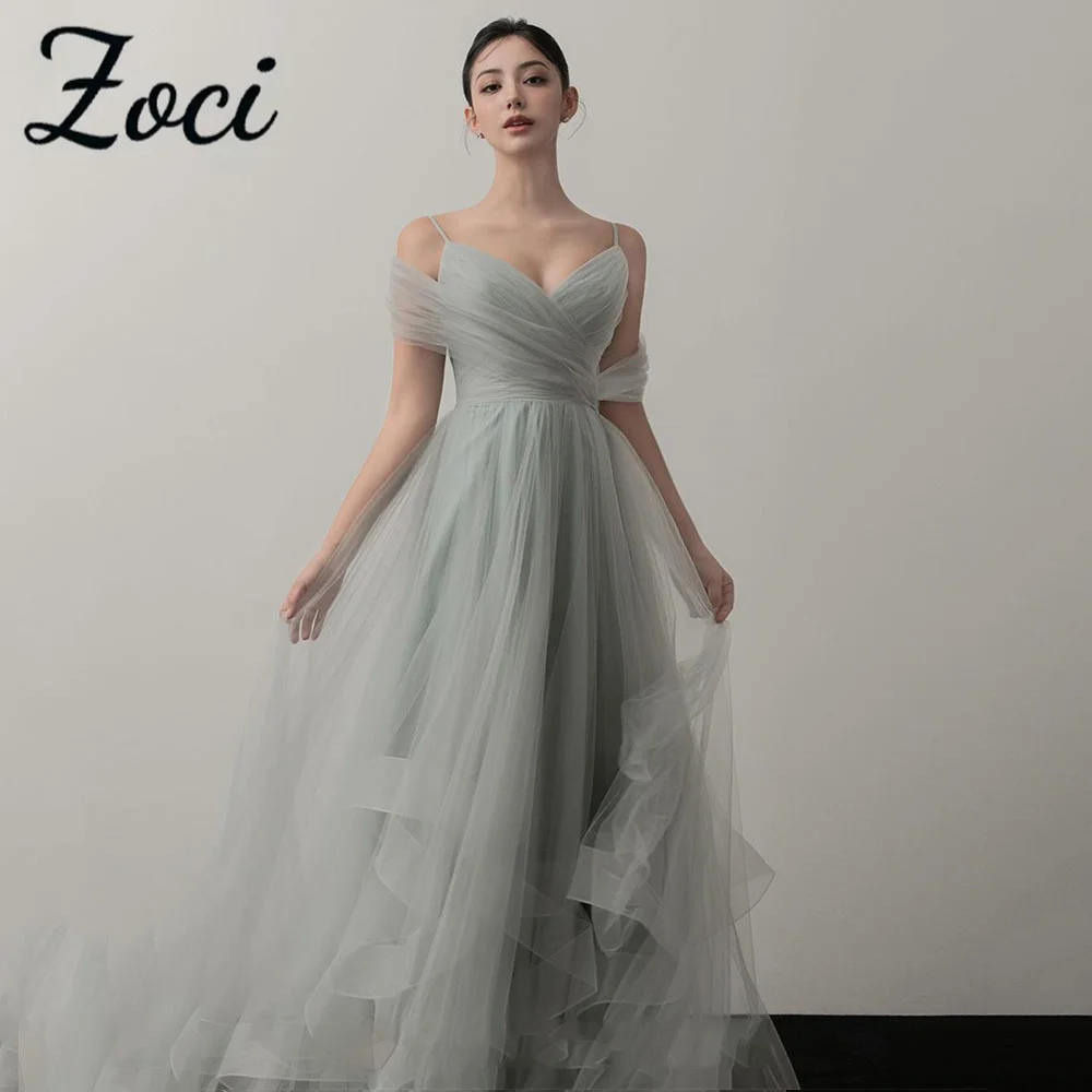 

Zoci Modern V Neck Spaghetti Strap Korea Evening Dresses Customized Off Shoulder Corset A Line Wedding Photos Shoot Dress 웨딩드레스