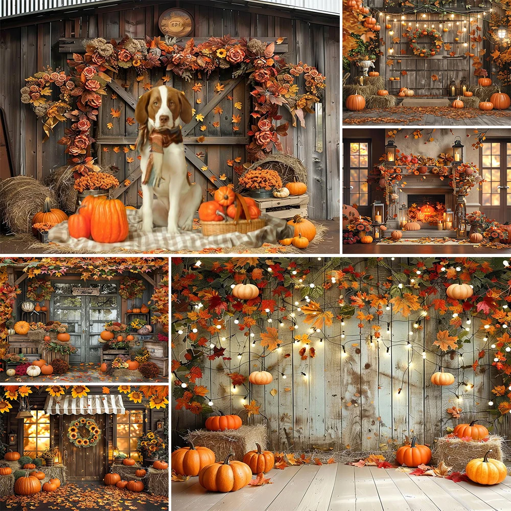 Autumn Photography Background Maple Leaf Pumpkin Warehouse Wooden Door Decoration Kids Fall Photo Portrait For Studio Props
