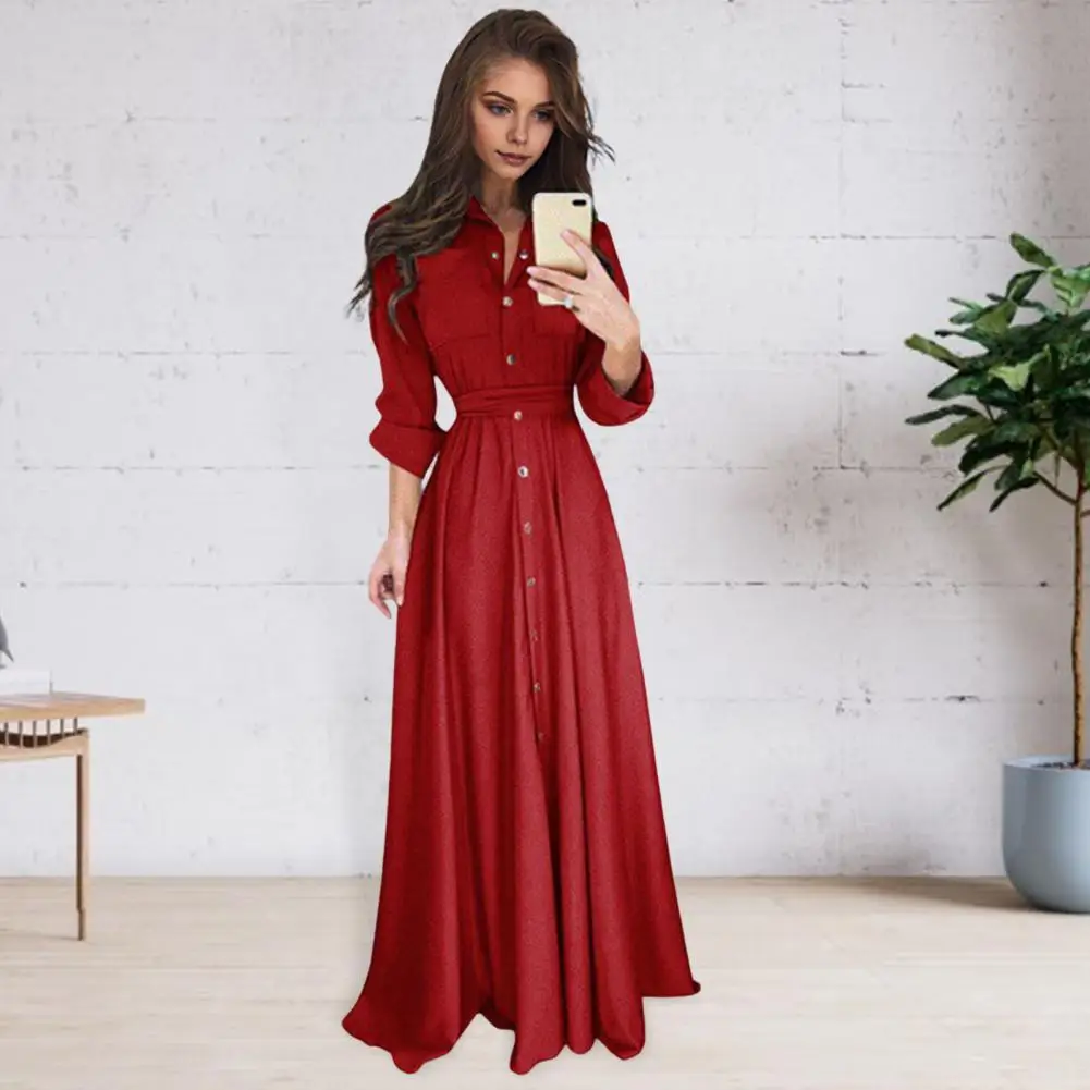 Vestido acrílico elegante con solapa de línea a para mujer, vestido largo con detalle de cordones, pliegues de cintura delgada, Color sólido, tipo camisa con botones