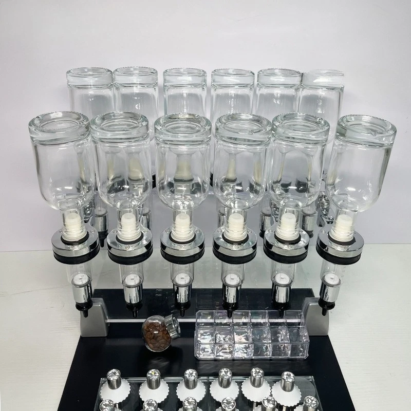 Bulk perfume bar, double row twelve pump dispenser, aromatherapy acrylic display