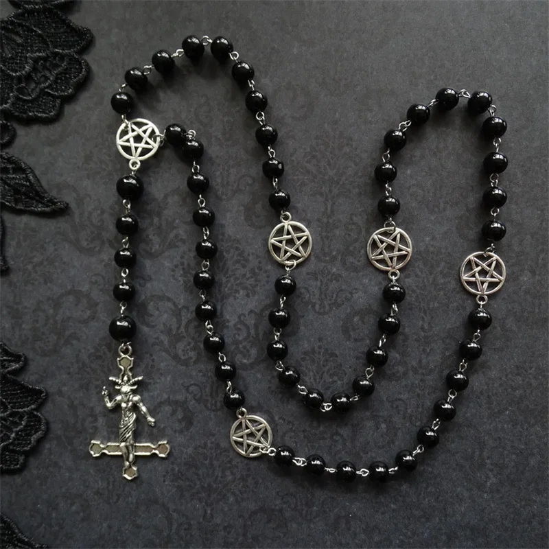 

PERSONALIZABLE Black Rosary with Inverted Cross, Baphomet and Pentagram, Black Metal Jewelry, Necklace for Satanists