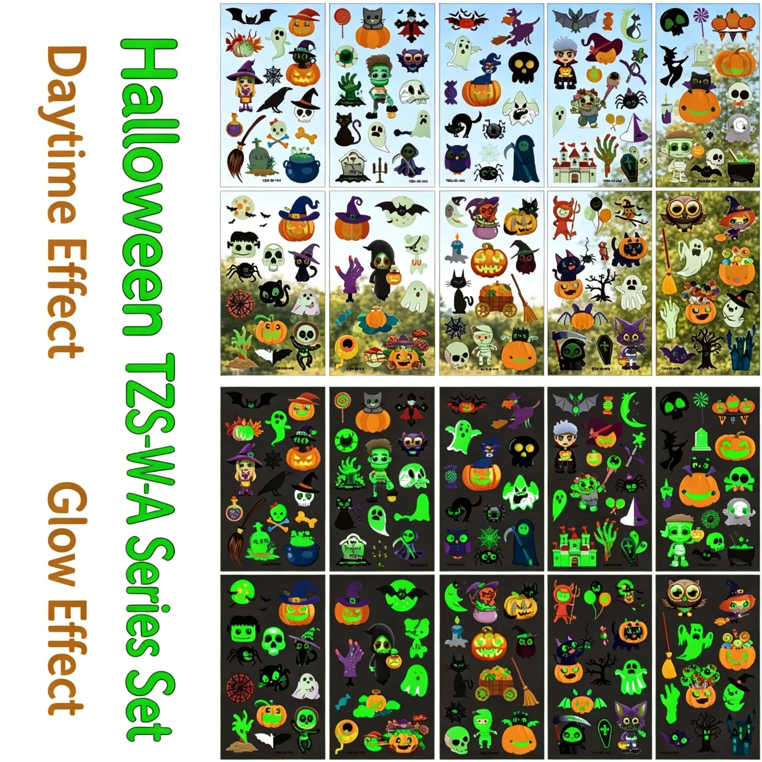Glow-in-the-Dark Halloween Temporary Tattoos, with a variety of patterns, are suitable as party decorations and gifts，10 sheets