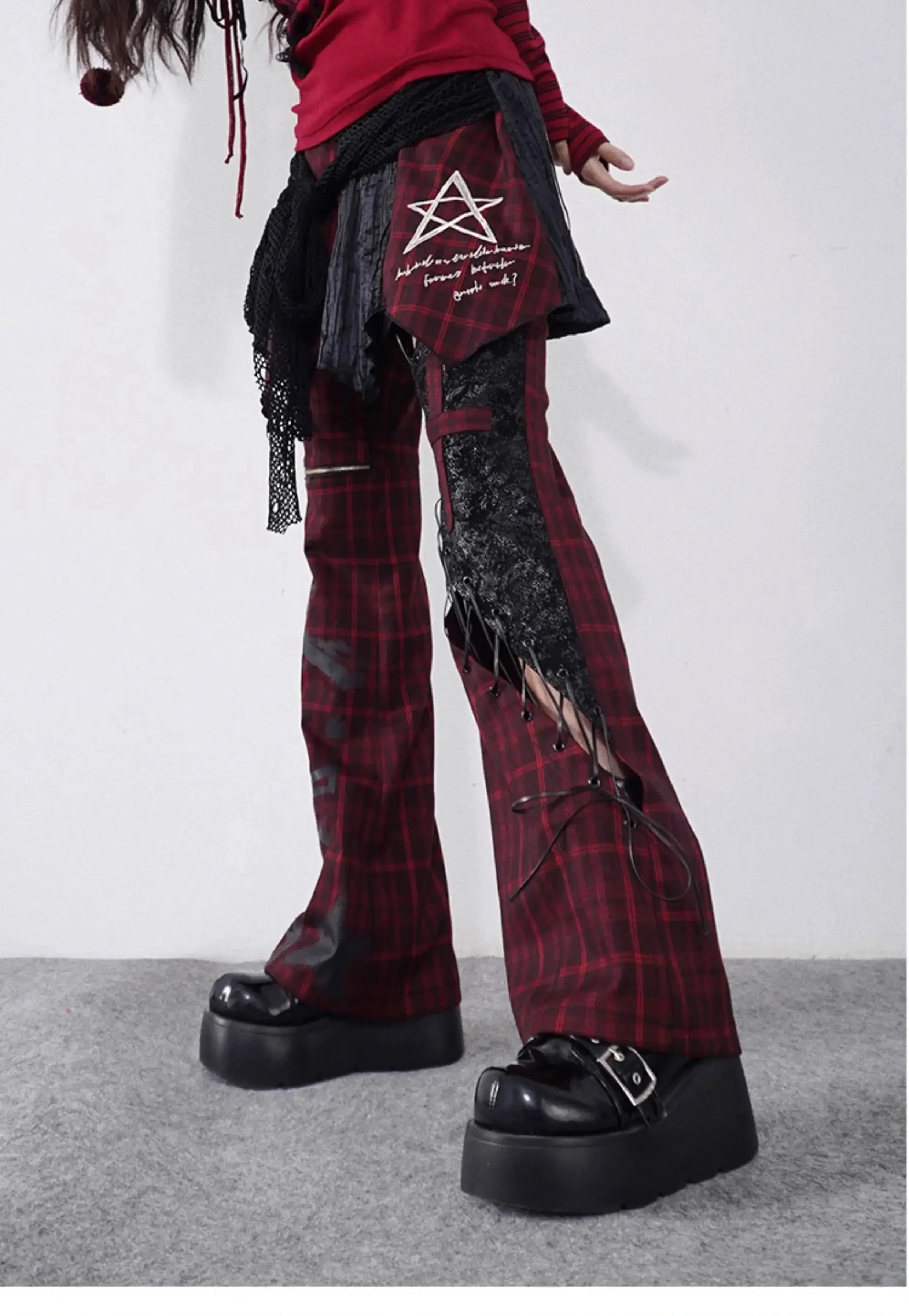 original design punk goth long flare pant red wine hollow out plaided lace-up cross punk rock women fashion pants capris