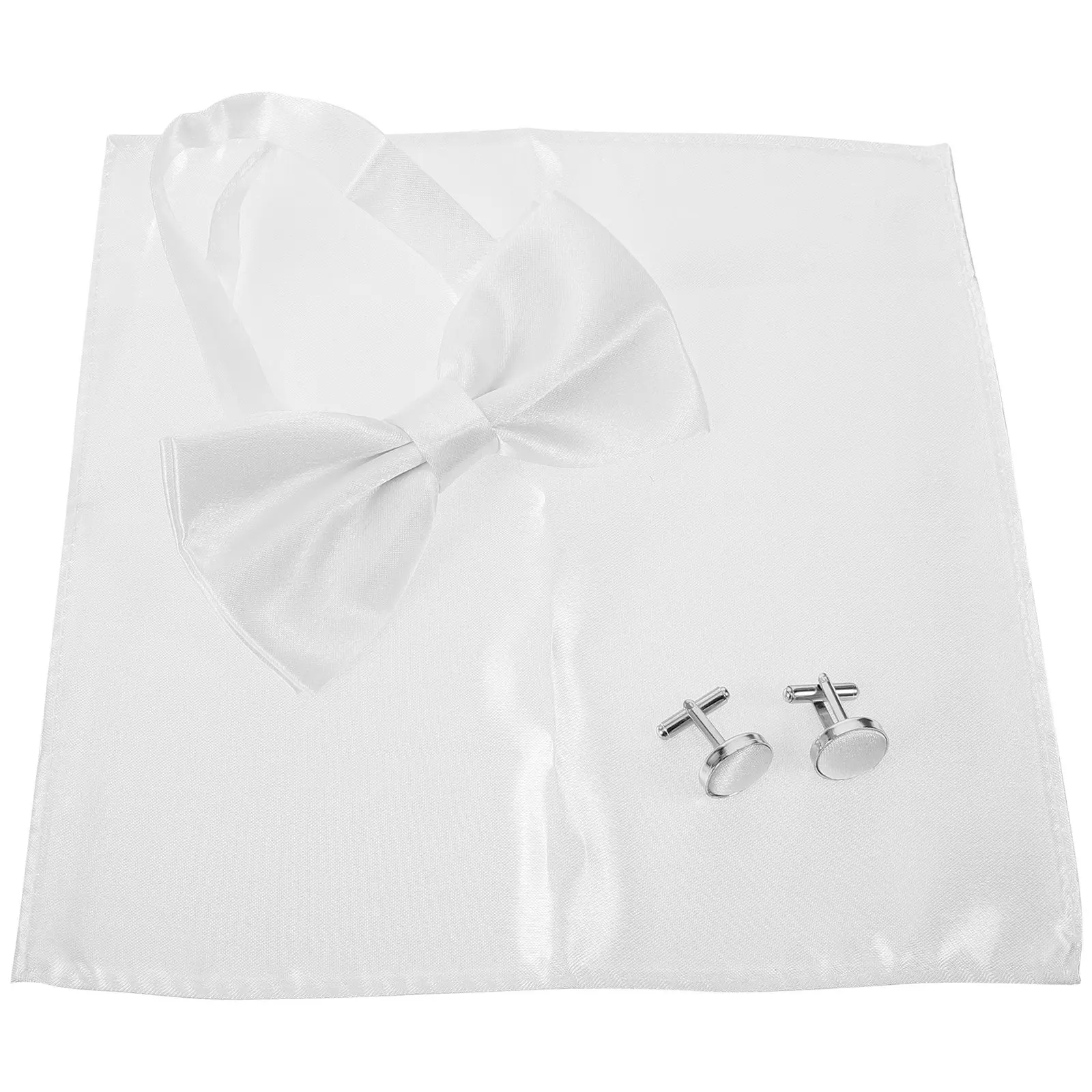 1Set Groom Bow Tie Handkerchief Cufflinks Set Pre-Tied Satin Pocket Square Tuxedo Buttons Cuff Links for Wedding Groomsmen