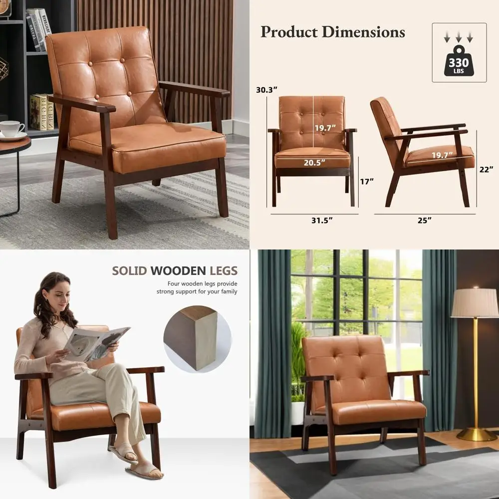 Mid Century Modern Accent Chair - Upholstered Faux Leather Armchair for Living Room, Comfortable Retro Bedroom Side Chair with S