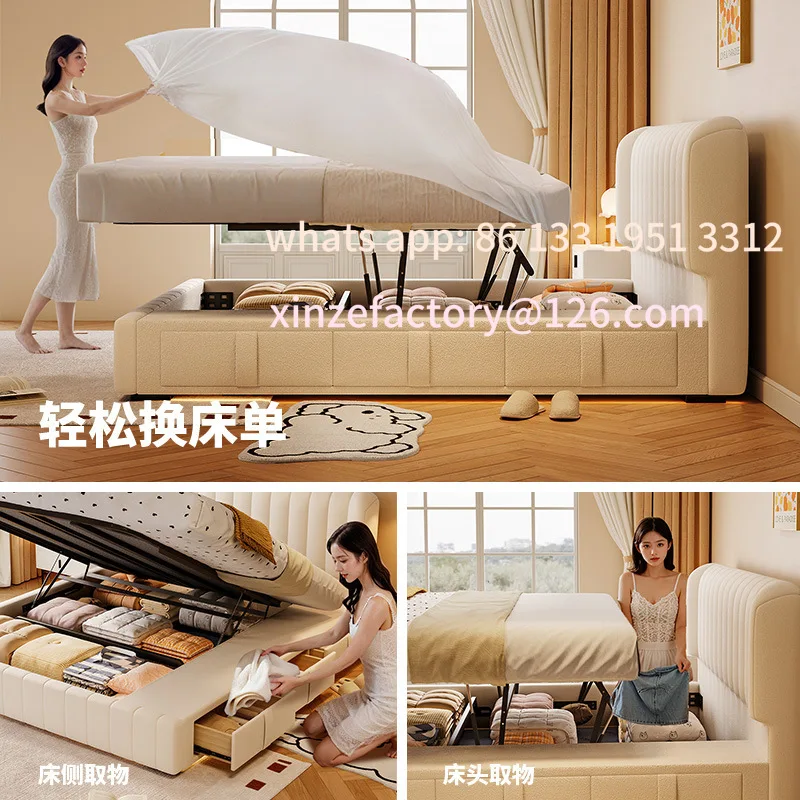 

Customizable French Cream Chenier Master Bedroom 1.8m Translational Storage with Three Draws Piano Keys Fabric Storage Bed