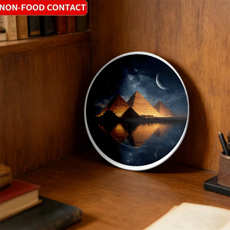 Elegant Night Sky Pyramid Pattern Ceramic Decorative Plate | Round, Classic Style, Suitable for Living Room TV Cabinet,
