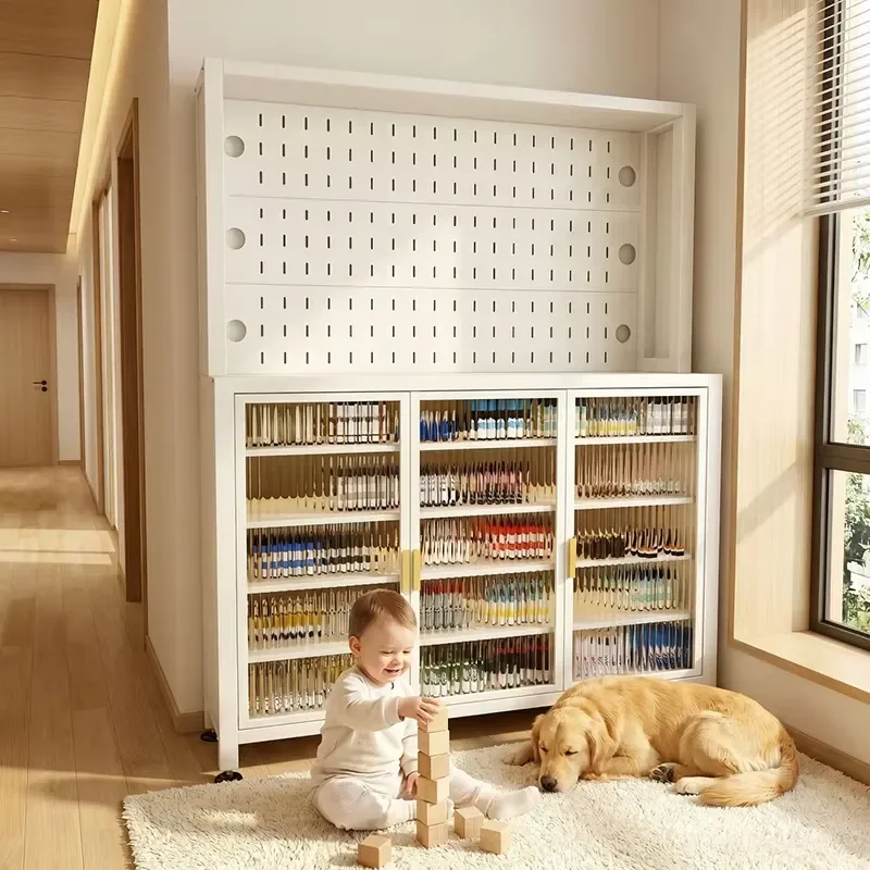 Independent steel shoe cabinet with nail board display stand, multi-functional corridor locker factory customization