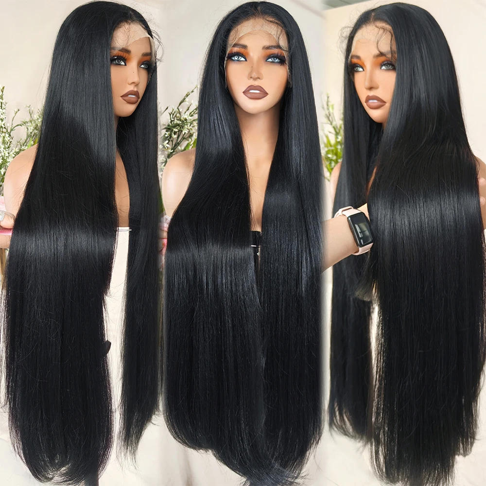 X-TRESS 40 Inch Long Synthetic Wig 13X6 Lace Frontal Black Colored Straight Layered Hair Free Part Lace Wig with Baby Hair Daily