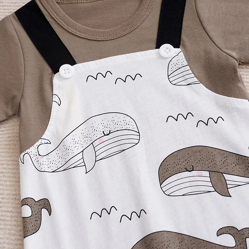 Baby Boy Girl Newborn Casual Cute Cartoon Whale Fake Two Pieces Of Baby Jumpsuit Cotton Summer Short Sleeved Jumpsuit