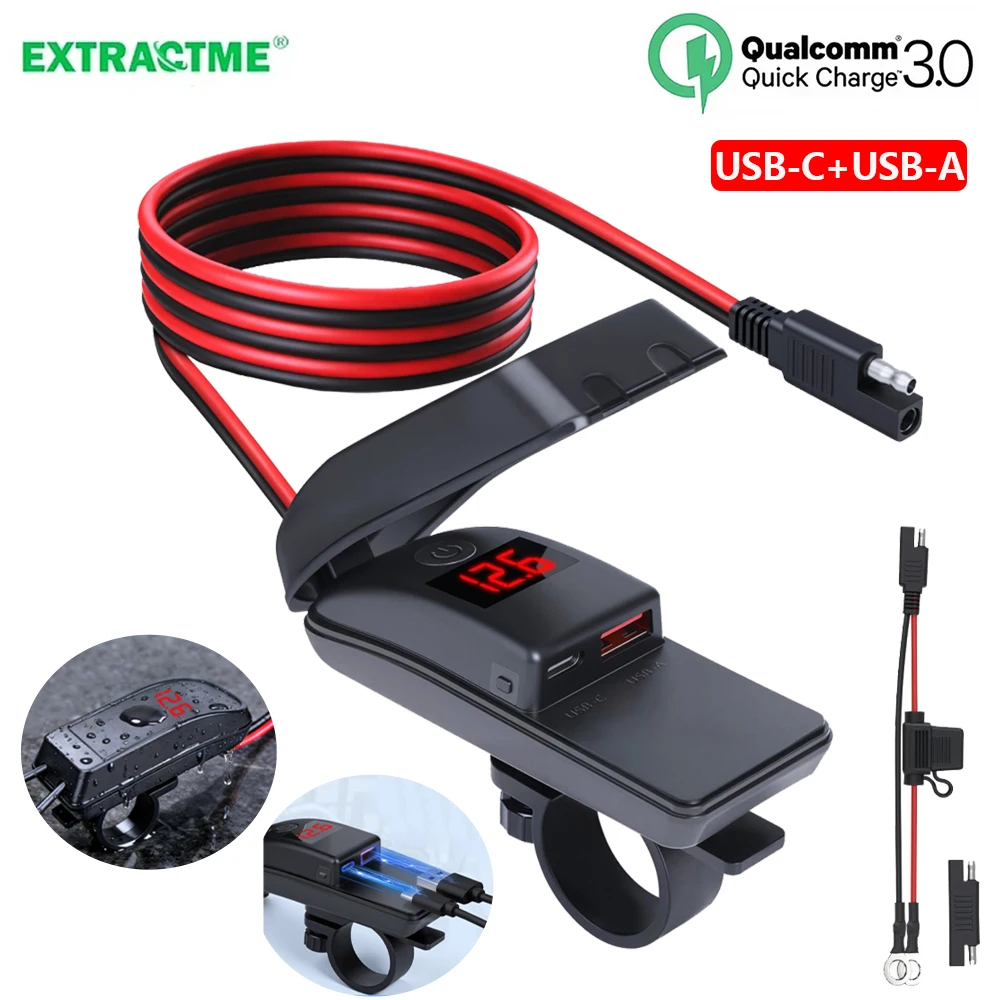 

Extractme PD QC3.0 Motorcycle Charger Handlebar Dual USB Socket with Switch Voltmeter 36W Fast Charger Waterproof Power Adapter