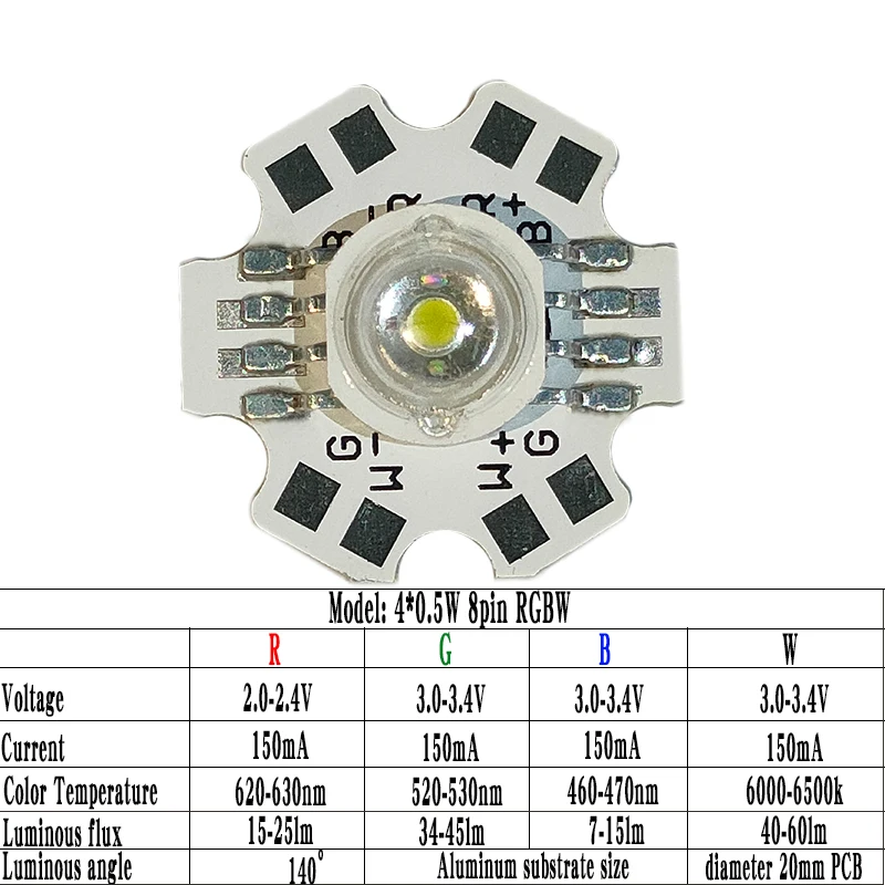 High Power RGB RGBW LED Chip 6pin RGB 1.5W/ 3W/ 9W 8pin RGBW 2W/4W/12W full color LED beads soldered to 20mm aluminum substrate