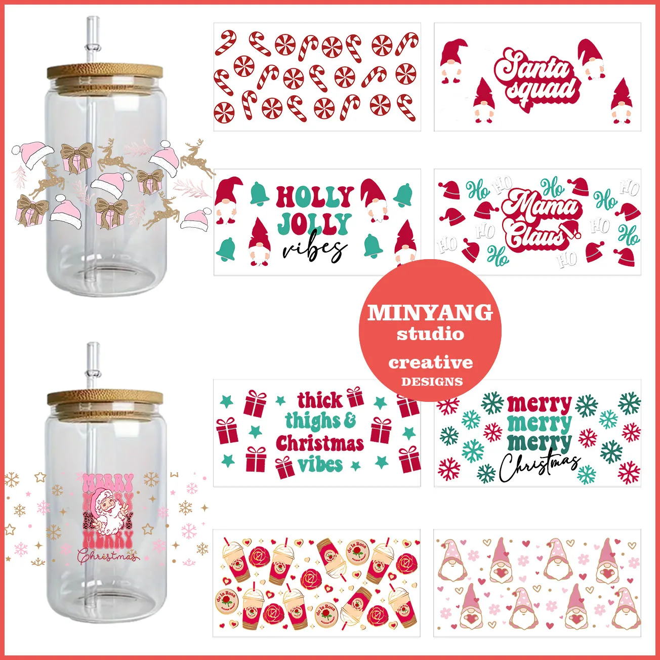 

Cartoon Christmas peel waterproof DIY Decals 3D transfers uvdtf crystal stickers 16oz uv dtf cup wraps for Libbey Glasses