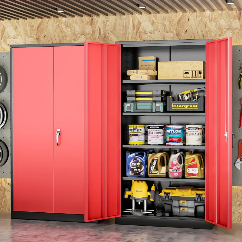 Metal Garage Storage Cabinet With 2 Doors And 4 Adjustable Shelves, 72