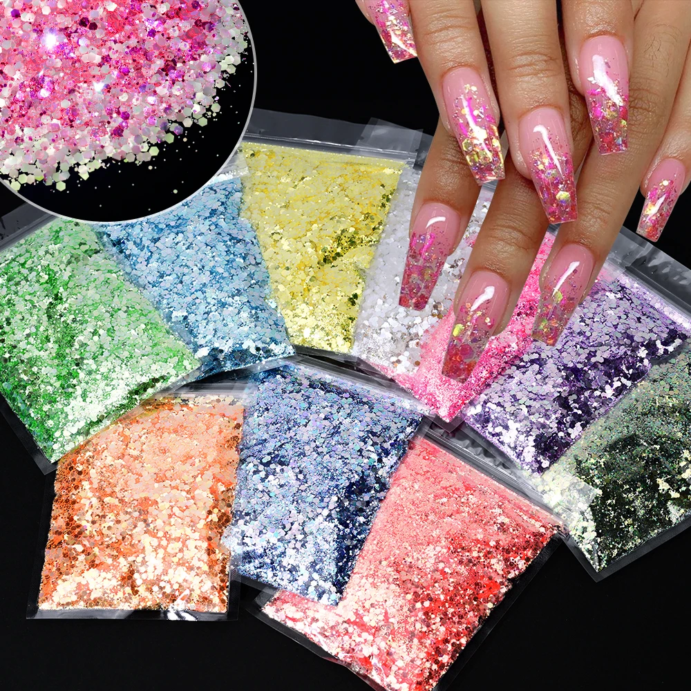 50g Blue Holographic Mixed Nail Glitter Flakes Powder White Pink Iridescent Nail Diamond Hexagon Chunky Sequins Epoxy Nail Decor