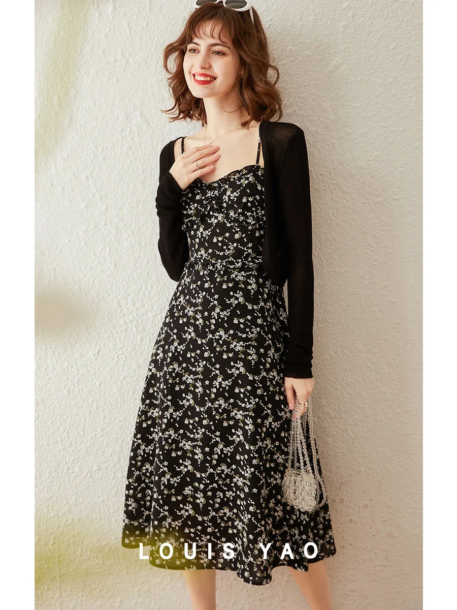 

LOUIS YAO Women Dress Set 2024 Spring and Summer New Floral Dress Cardigan Two-piece Set Slip Dress Long Sleeve Coat Women's Set