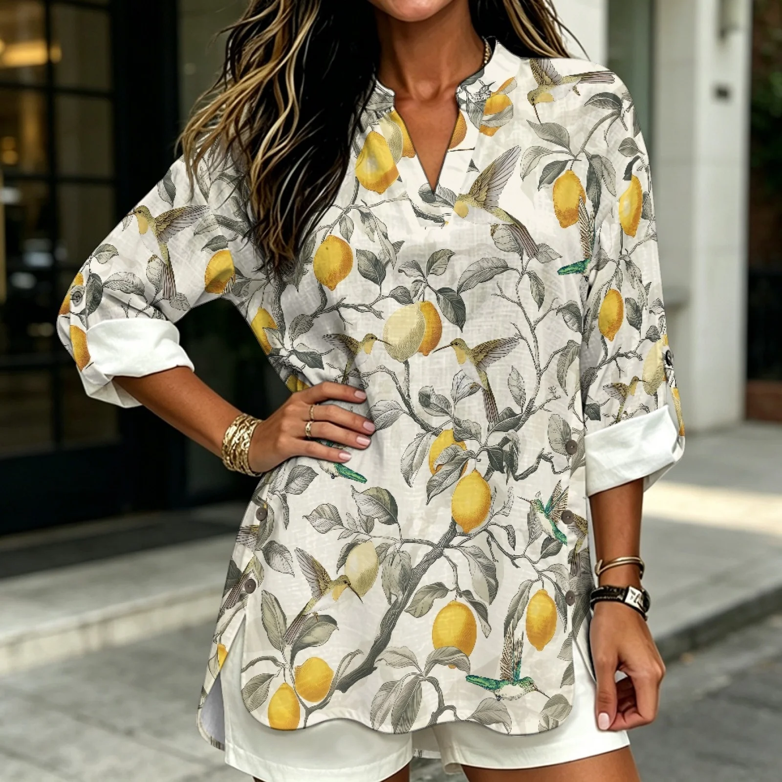 PENSTROLL Lemon Birds Linen Style Notch V Neck Blouses for Beach Rolled Sleeve Long Sleeve Shirts for Women Women's Blouse