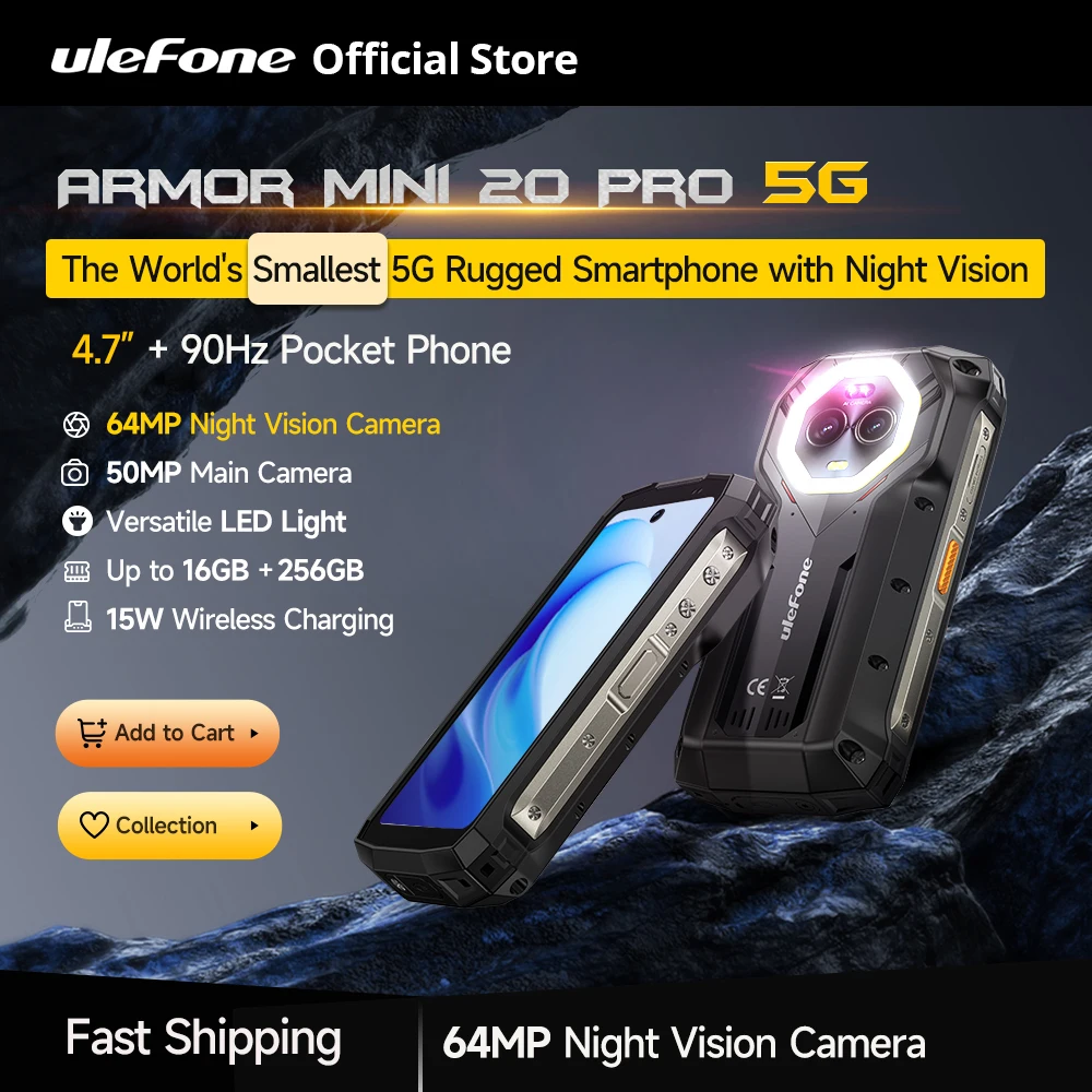 【Wereldpremière】 Ulefone Armor  Mini 20 Pro 5G 4.7" Robuuste telefoon 64MP nachtcamera Veelzijdige LED-lamp Android 14 Smartphone 6200mAh 16GB RAM (8+8) 256GB ROM 33W mobiele telefoon