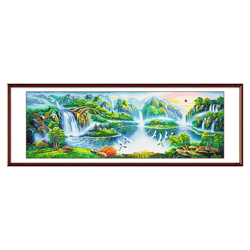 

11CT Cross Stitch Kits for Adults, Needlework, Cross-stitch, Chinese Sunset, Crane, Waterfall, Landscape Pattern, Large Size