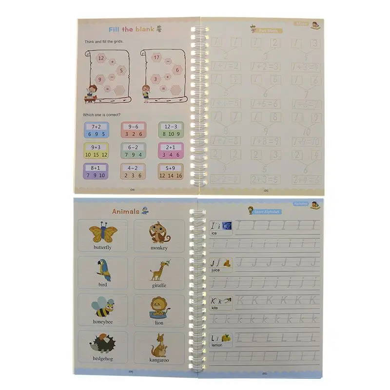(4 Books and Pens/1 Set) Magic Copybooks Children's Writing Reusable Erasing-Free English Math Drawing Practice Copybooks