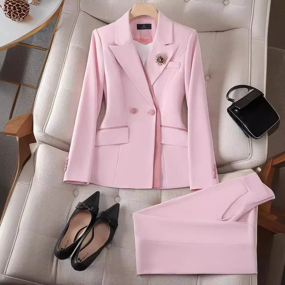 Women's Pink Long-sleeved Business Suit Formal Trouser Suit Interview Sales Work Clothes