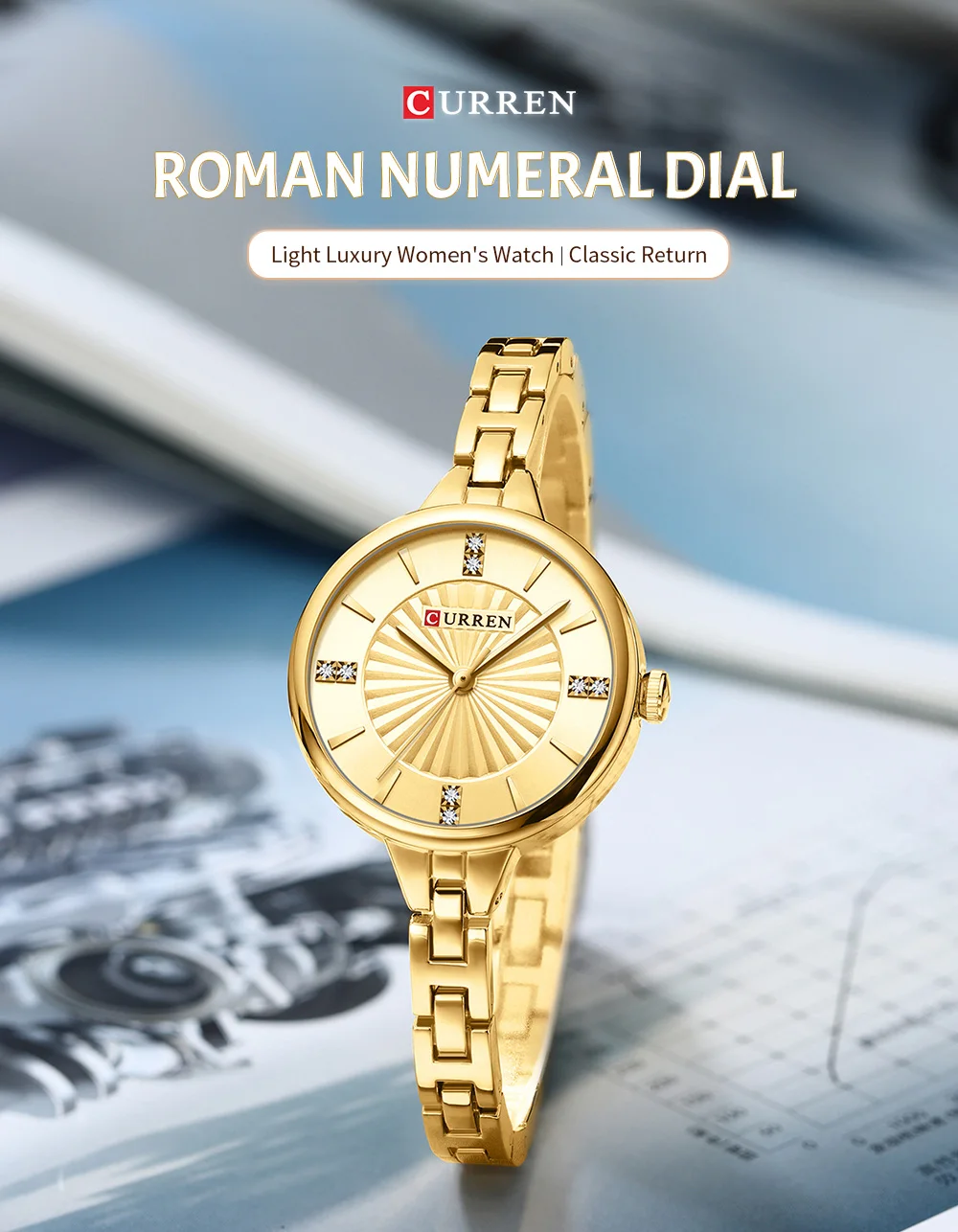 CURREN Einfache Romantische Armbanduhr mit Strass-Zifferblatt und Edelstahlarmband Luxuriöses Design Quarz-Armbanduhren – Detail 1