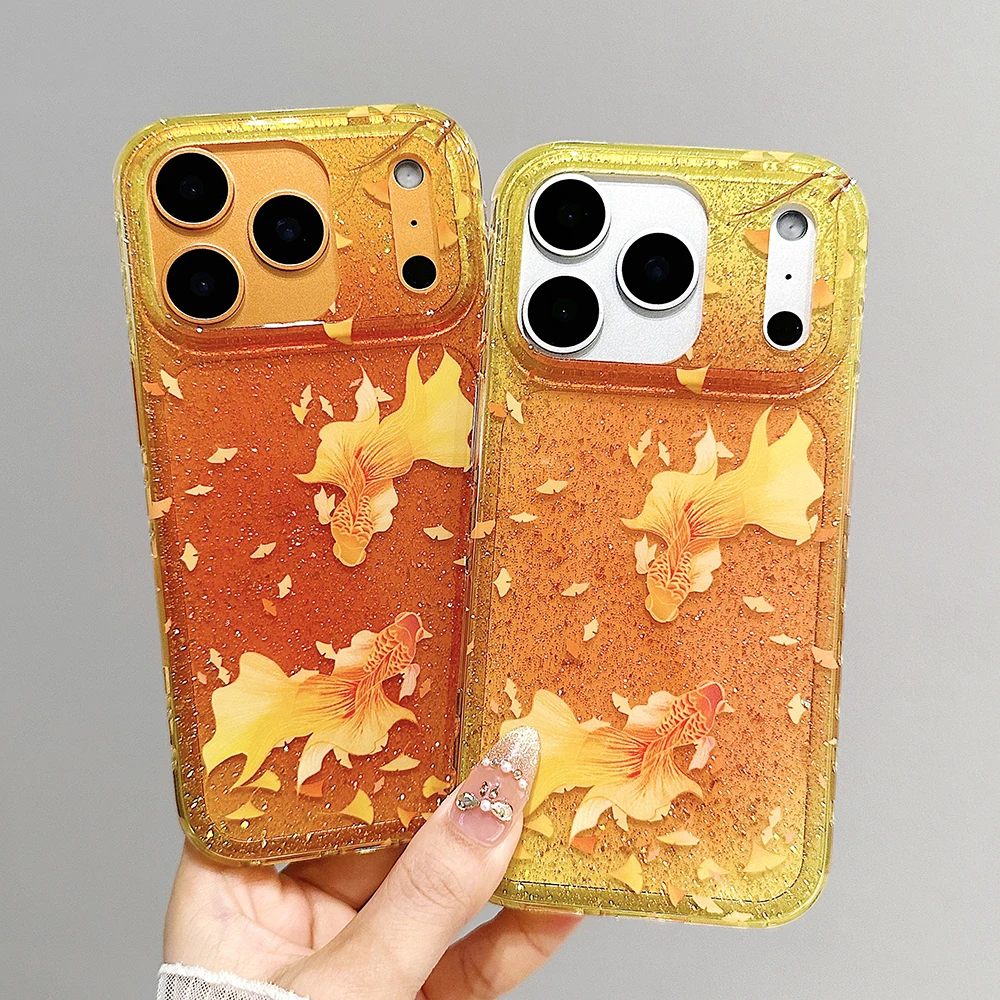 

Glitter Luckly Koi Goldfish Beautiful Sparkle Orange Phone Case for IPhone 13 15 14 16 17 Pro Max Shockproof Bling Cover Funda