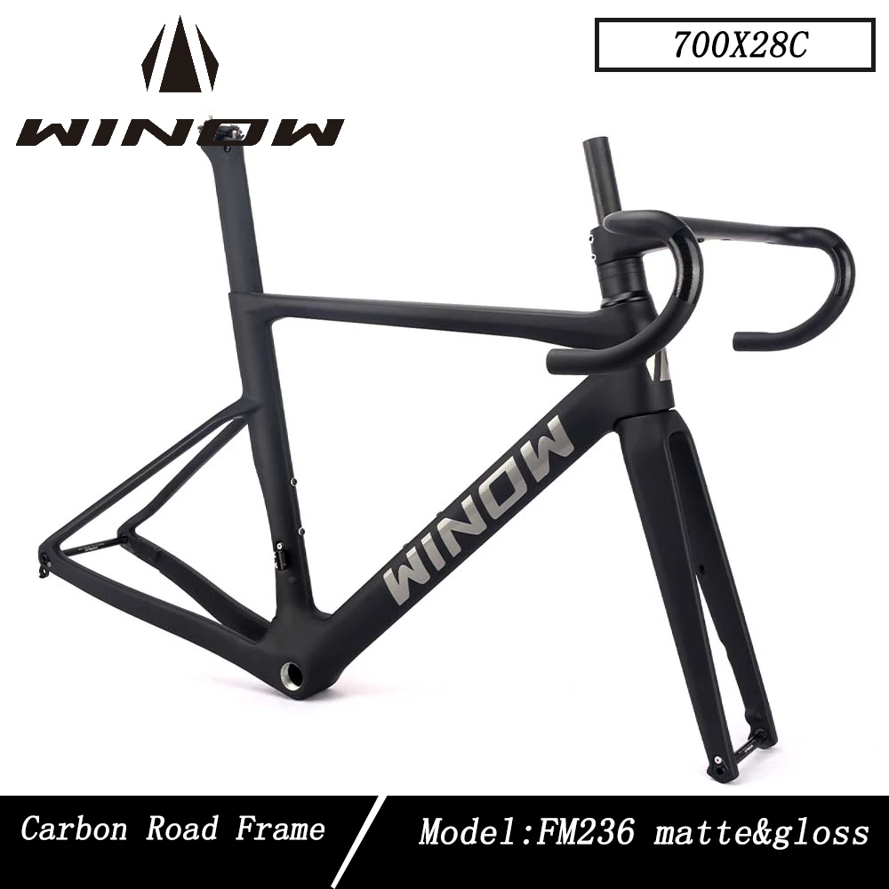 

Winowsports Carbon Road Frame 700*28C Flat Mount Dis Brake Road Bike Frames Black Matte Full Hidden Cable Routing Frameset