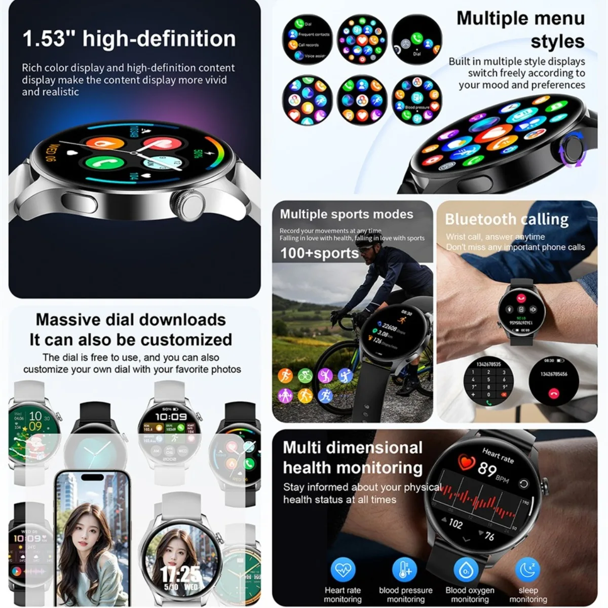 2026 New Smart Watch Men: 1.53 HD Bluetooth Calls 100+sports Mode Heart Rate Blood Oxygen Flashlight Voice Assistant Smartwatch