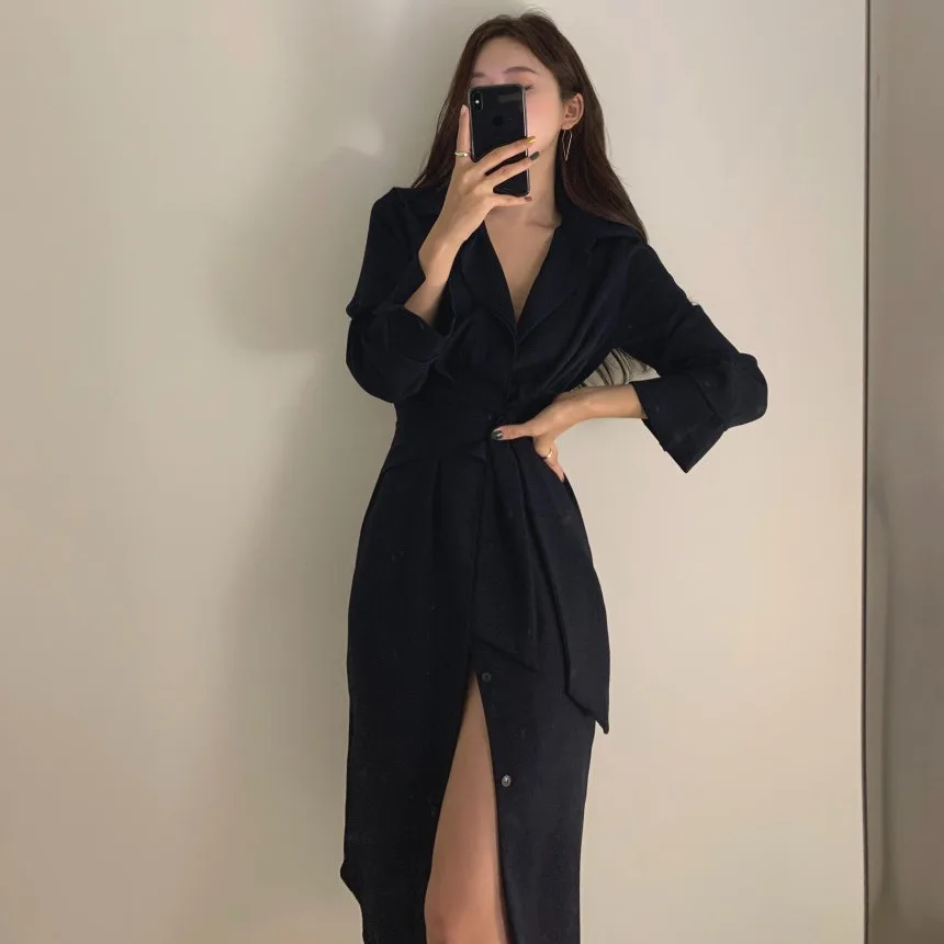 가을 한국 스타일 하이 스트리트 유행 미니멀리스트 드레스 여성 싱글 브레스트 벨트 블레이저 칼라 롱 드레스 우아한 세련된