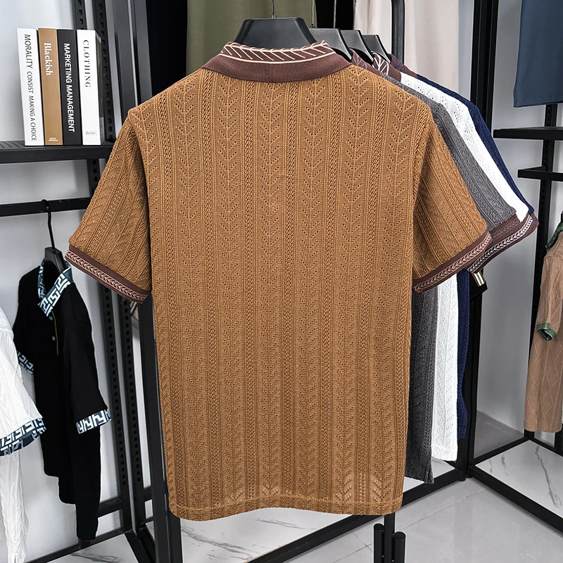 Men's Summer Brand Cutout Short-sleeved Polo shirt Jacquard Spurs embroidery Knitted Collar T-shirt Casual Breathable Men's wear