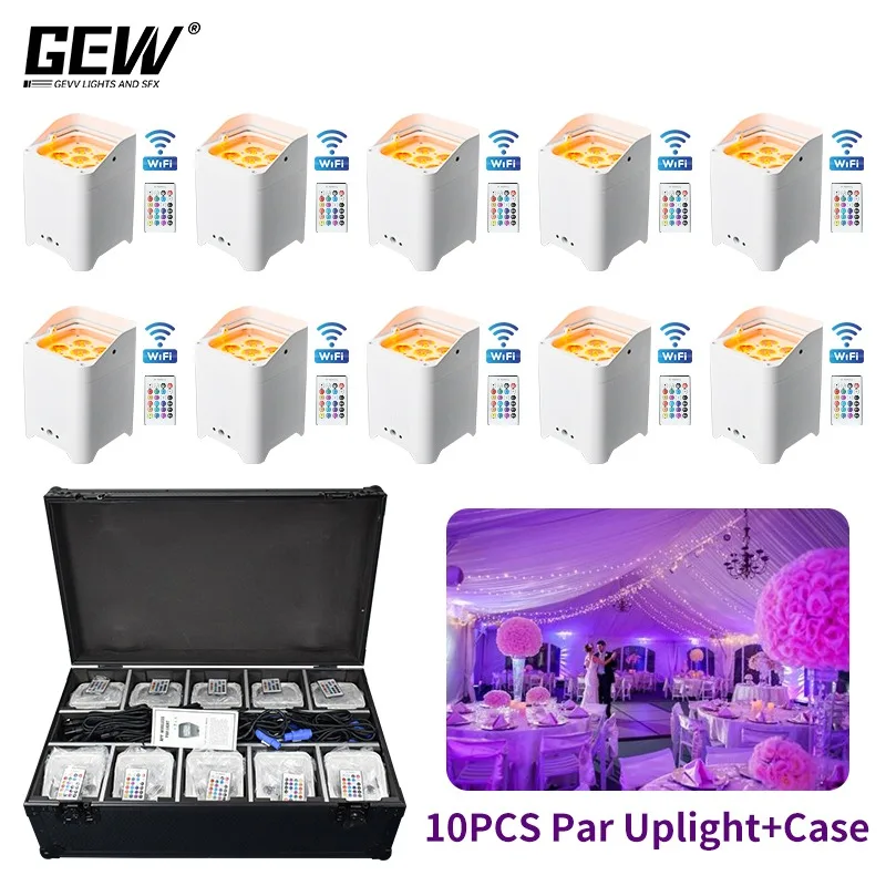 

10pcs 6x18w RGBAW UV 6in1 Battery Wireless DMX Wifi LED Uplight Par Can Light with Charge Case for Wedding Party Bar