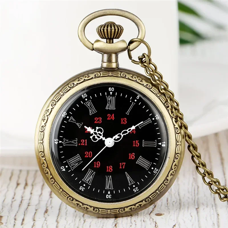 Bronze Style Clock Men Women Quartz Movement Pocket Watch with Roman Numeral Dial Necklace Pendant Chain Open Face Timepiece