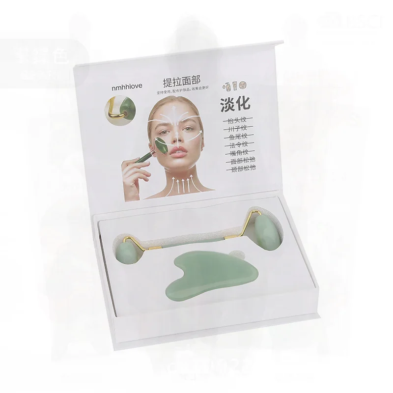 Jade Roller Set for Facial Massage Metal Manual Beauty Massager with Gift Box Emerald Green Jet Black Off-White Pink Transparent