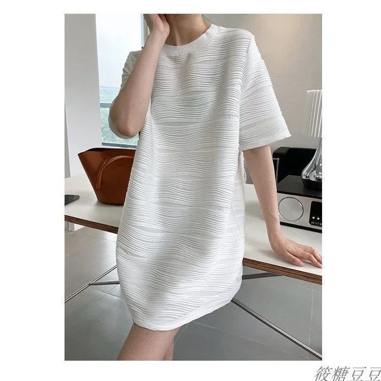 

Vestido sencillo y ondulado para mujer, ropa de calle elegante coreana con textura de hielo, falda informal holgada, color blanc