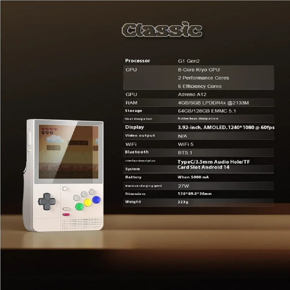 Retroid Pocket Classic Retro وحدة تحكم بجهاز لعب محمول Android14 3.92 بوصة AMOLED شاشة تعمل باللمس مشغل فيديو واي فاي بلوتوث PSP PS2