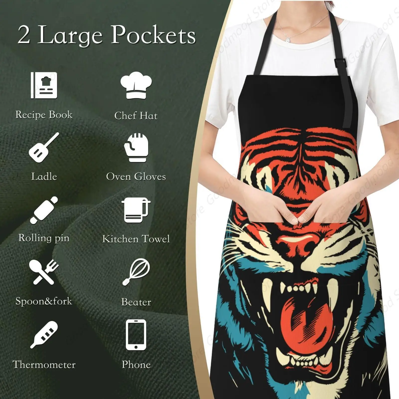 Kitchen Apron for Women with Pockets, Waterproof Forest Tigers Illustration Adjustable Men Aprons for Cooking Baking Painting