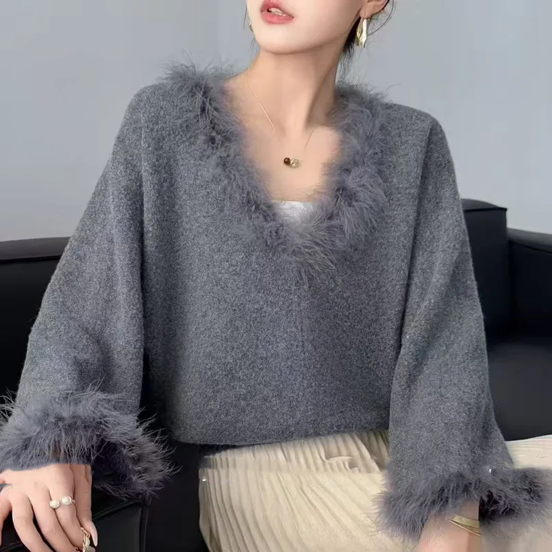 الخريف الشتاء سترة برقبة على شكل v للنساء الربط حافة شعر تصميم عصري جديد قصير نمط الراقية محبوك بلون علوي #2