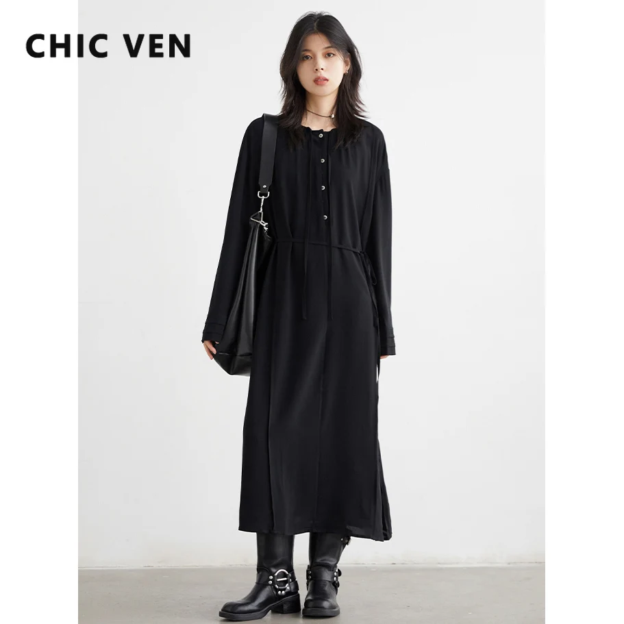 

Женские комплекты платьев CHIC VEN, корейская однотонная плиссированная нижняя юбка на шнуровке, комплект из двух предметов, женская свободная одежда, весна-осень, новинка 2025 г.