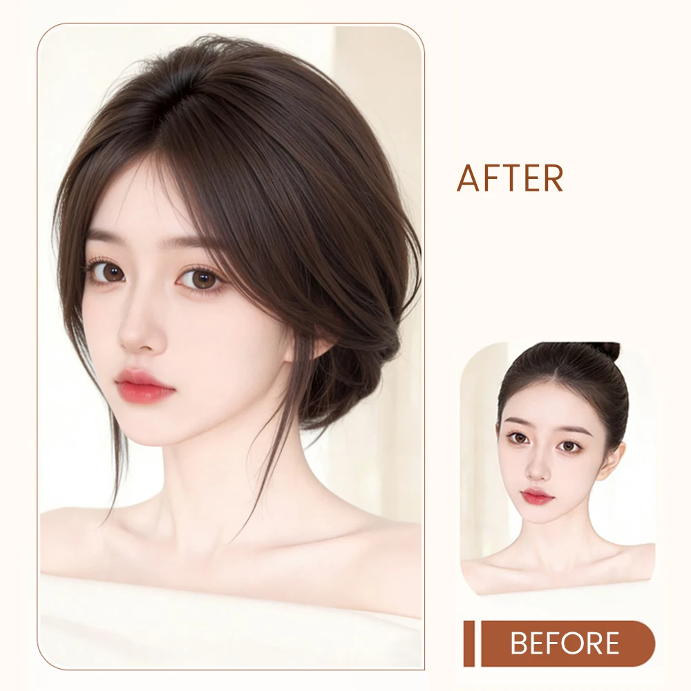 Natural Looking Seamless Fluffy Synthetic Hairpiece Middle Part Hair Toupee Bangs Straight Invisible for Women Topper Daily Wear